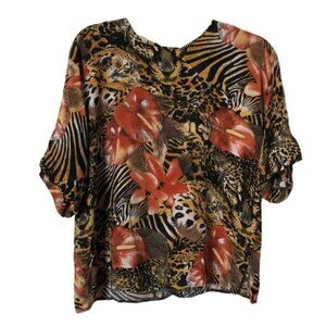 Vintage Animal Print Leopard Floral Rayon Boxy Blouse